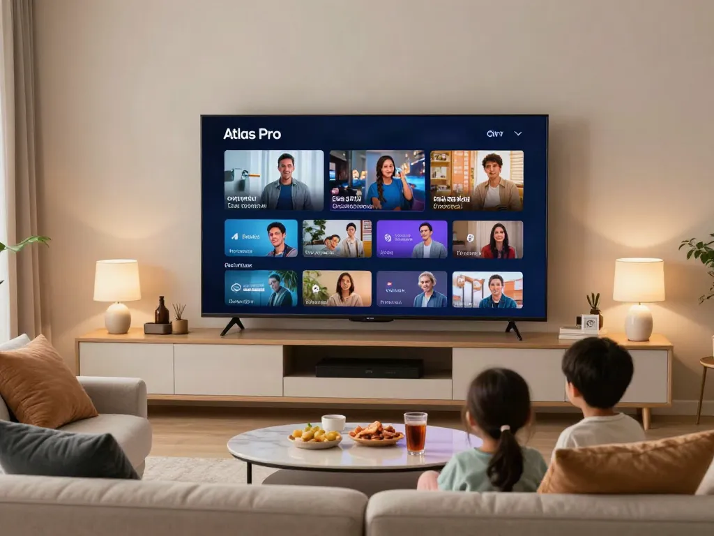 Profitez des chaînes en direct avec l'application Atlas Pro ONTV dans un salon moderne.