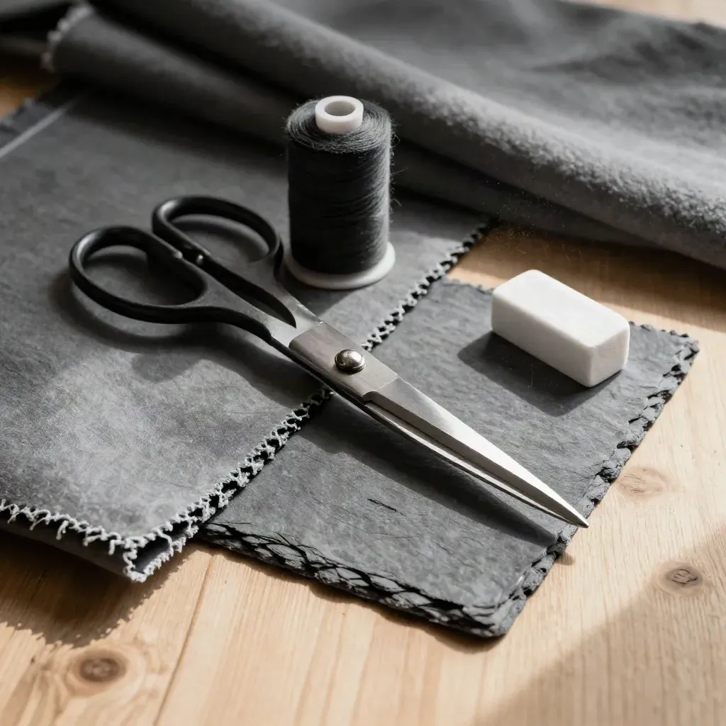 Échantillons de tissu gris, ciseaux de tailleur, fil charbon et craie sur bois clair.