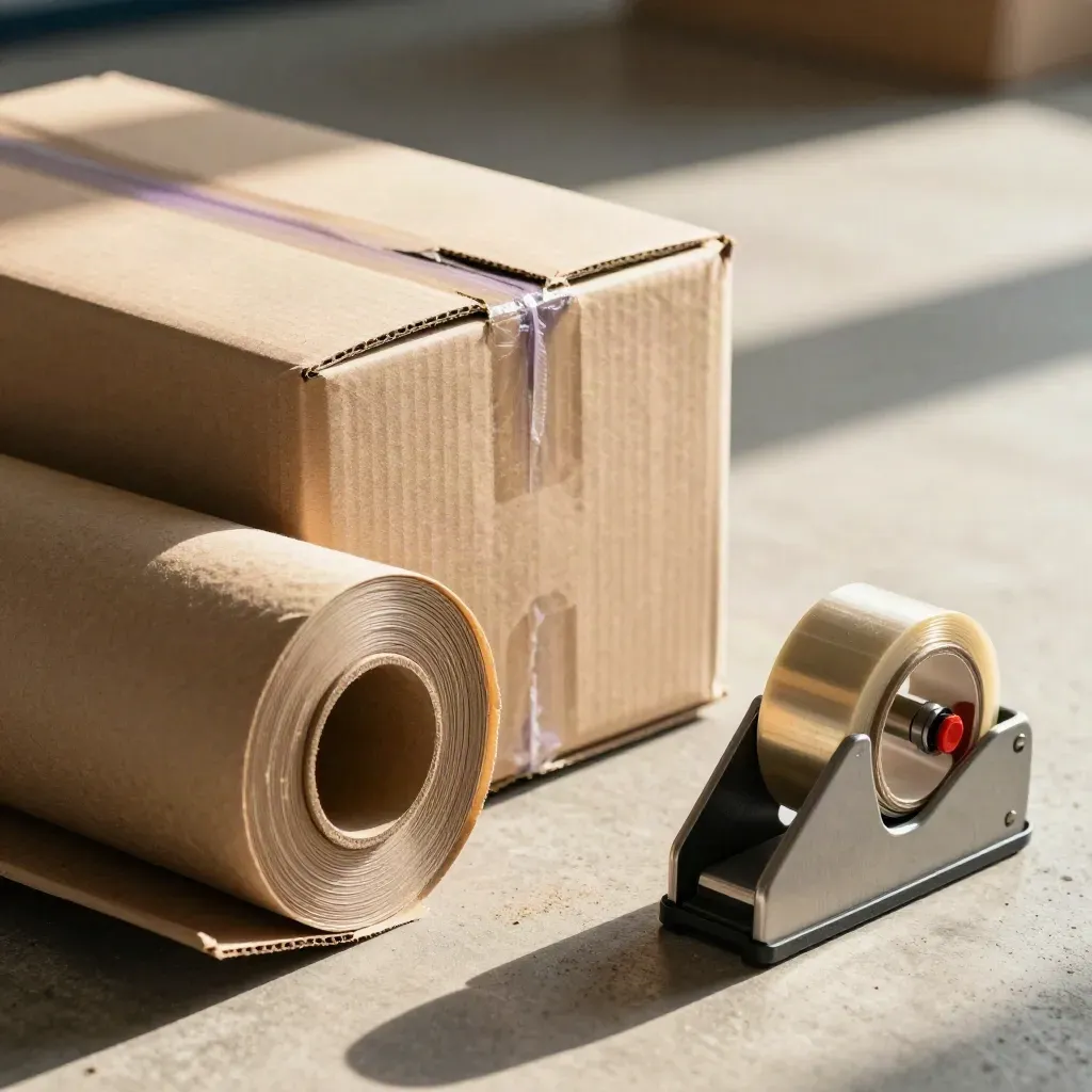 Boîte d’expédition ouverte, rouleau kraft, pinces de calage et coupe-ruban sur béton clair.