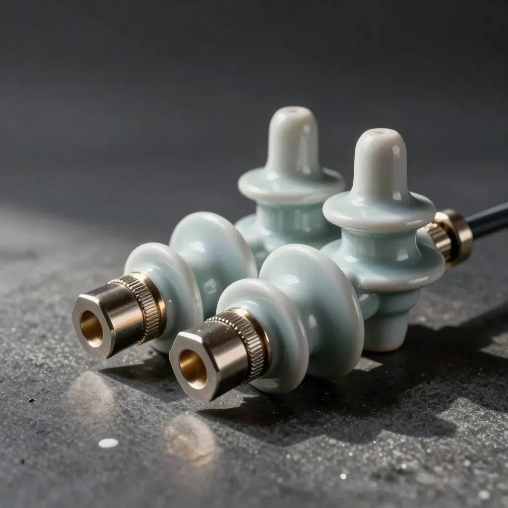 Isolateurs en porcelaine et connecteurs aluminium sur pierre graphite, dans une brume froide.
