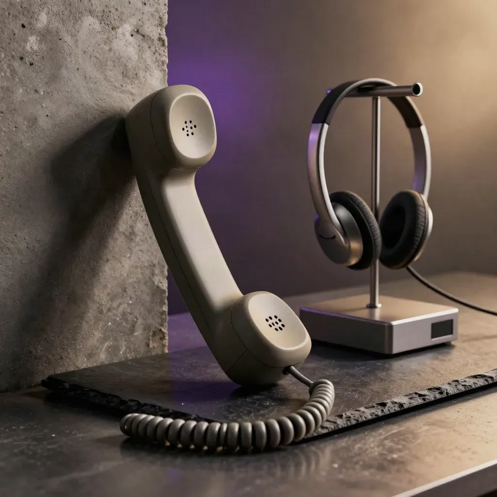 Combiné téléphonique gris mat, support casque métal et base compacte sur pierre sombre.