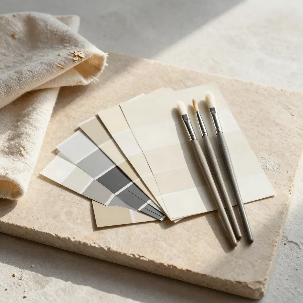 Nuancier mat, cartes de calibration et trois pinceaux fins sur pierre claire, lumière douce.