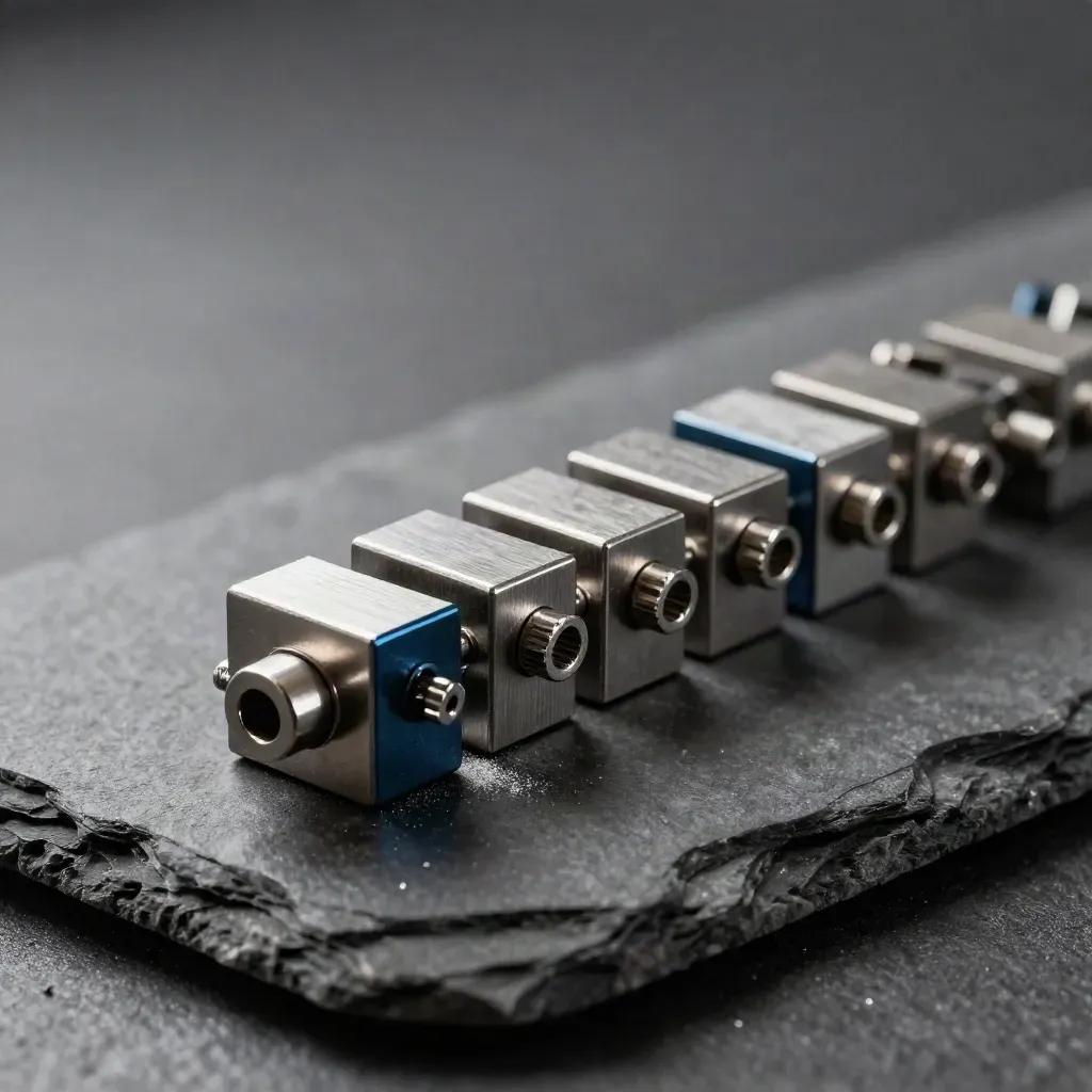Blocs métalliques modulaires et connecteurs de verrouillage sur pierre sombre, vue macro.
