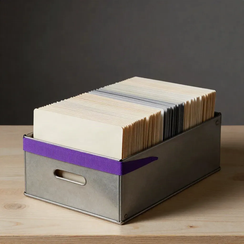 Boîte à fiches métallique ouverte avec cartes blanches et séparateurs sur bois clair.