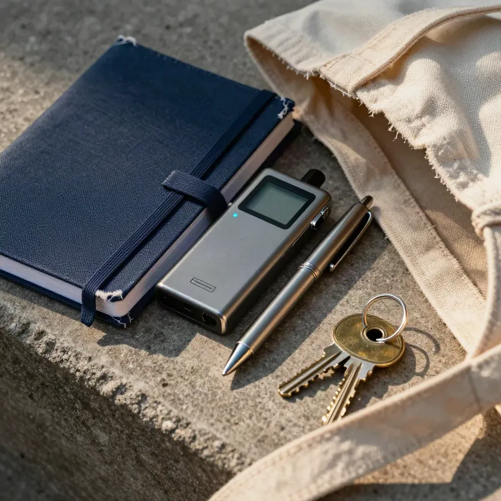 Carnet fermé, dictaphone, stylo métal et clés près d’un sac en toile sur une marche en béton.