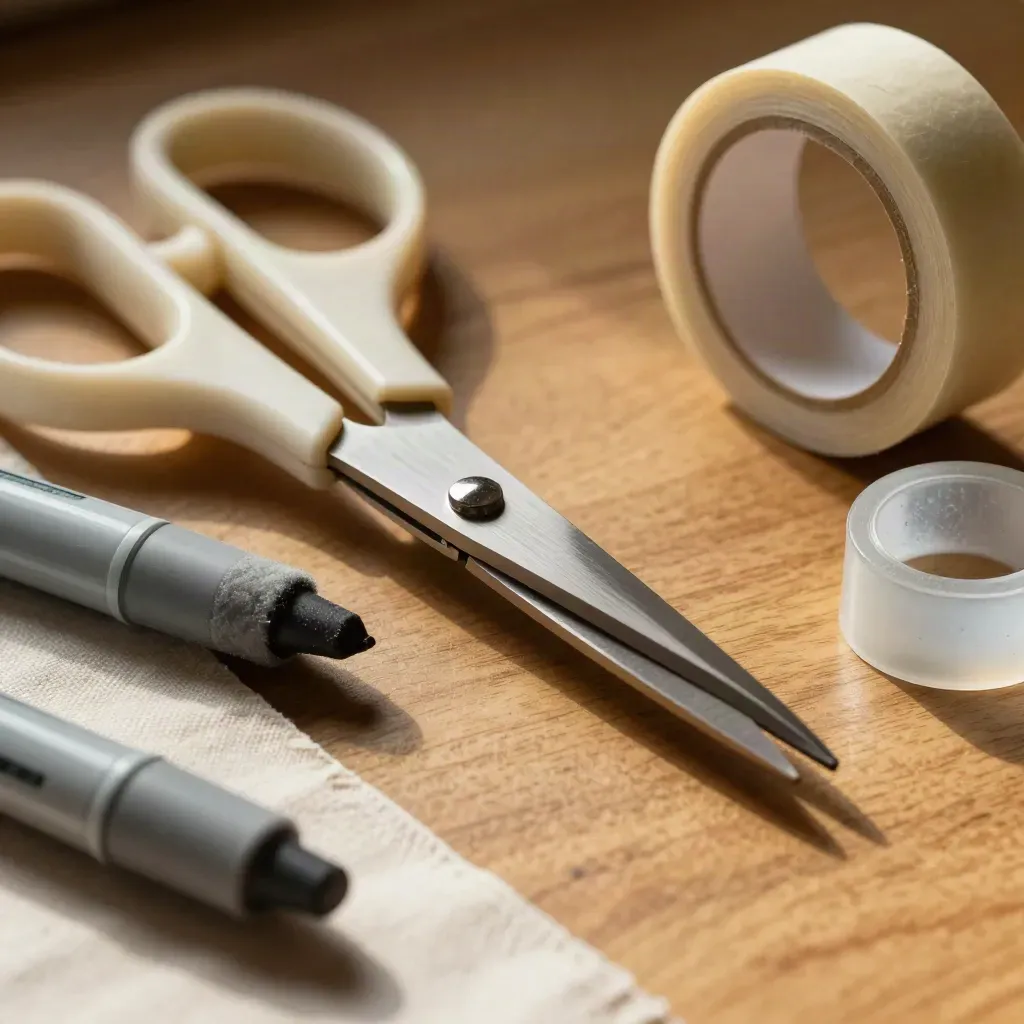 Ciseaux de précision, feutres gris, ruban de masquage et presse-papier sur bois clair.
