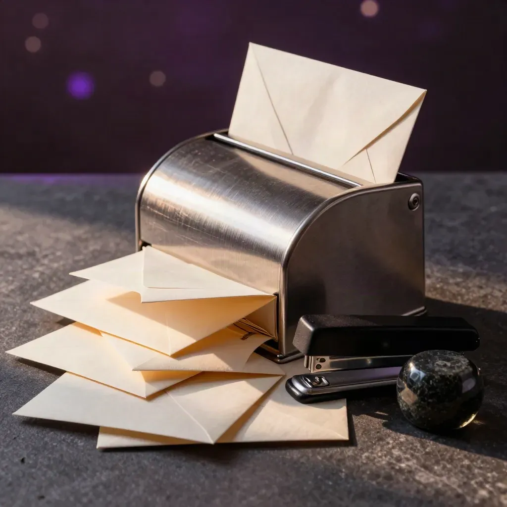 Casier à courrier métallique, enveloppes fermées, agrafeuse lourde et presse-papiers sombre sous une lumière dramatique.