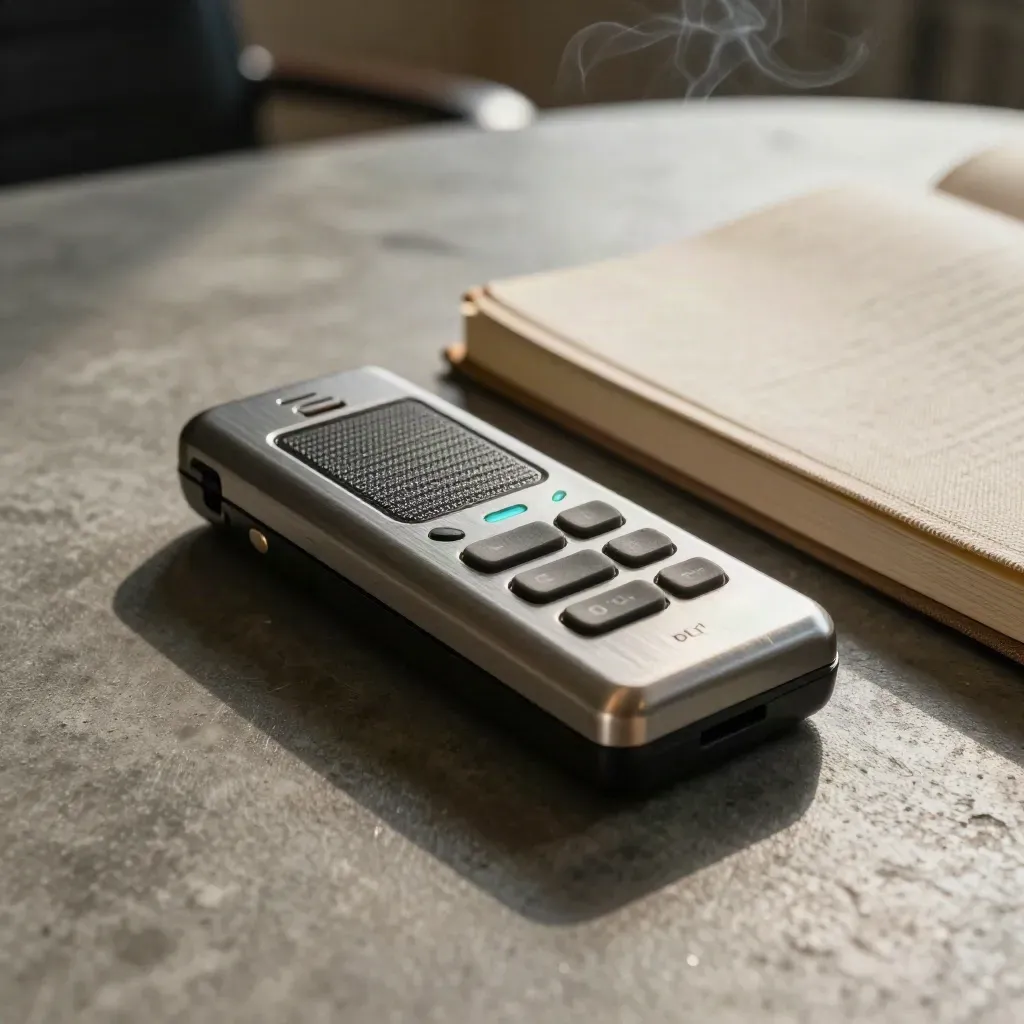 Dictaphone, carnet fermé et anneau métallique sur table sombre, lumière rasante et fumée légère.