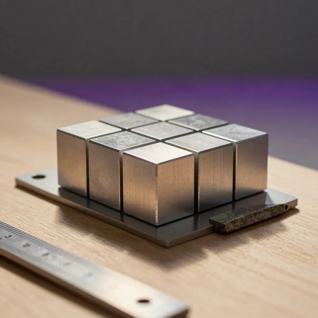 Cubes en aluminium satiné, plaque de liaison et cale en pierre sur bois clair, lumière dramatique.
