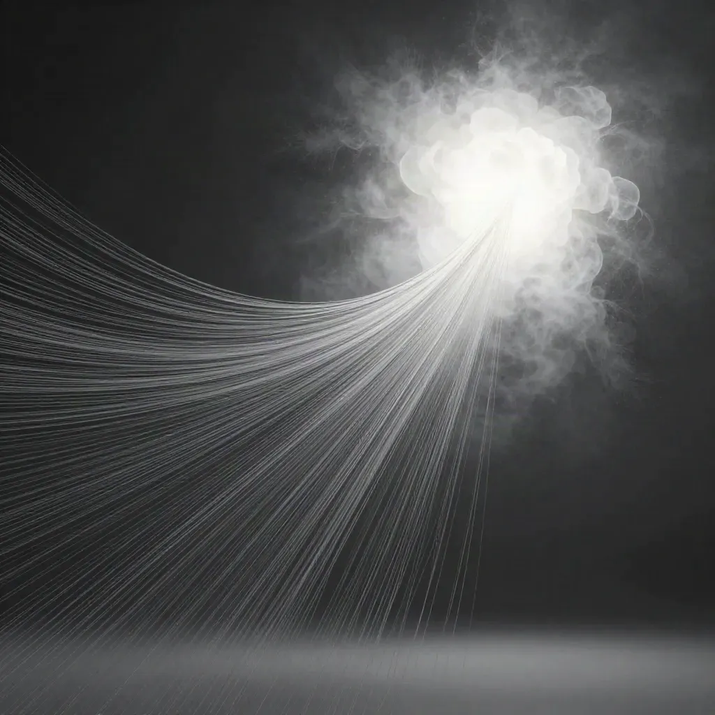 Filaments argentés convergeant vers une lueur blanche dans un fond graphite.